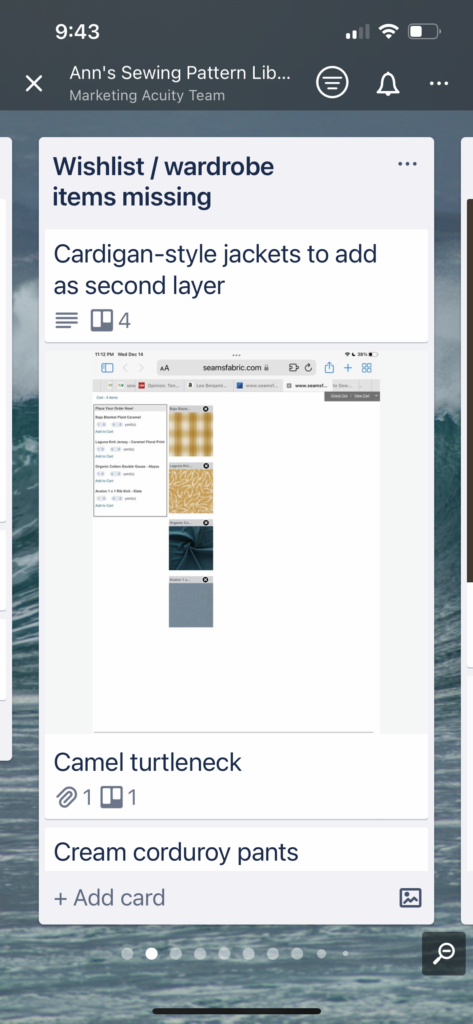 Using Trello to organize sewing patterns Trello mobile view of sewing planner and pattern organizer