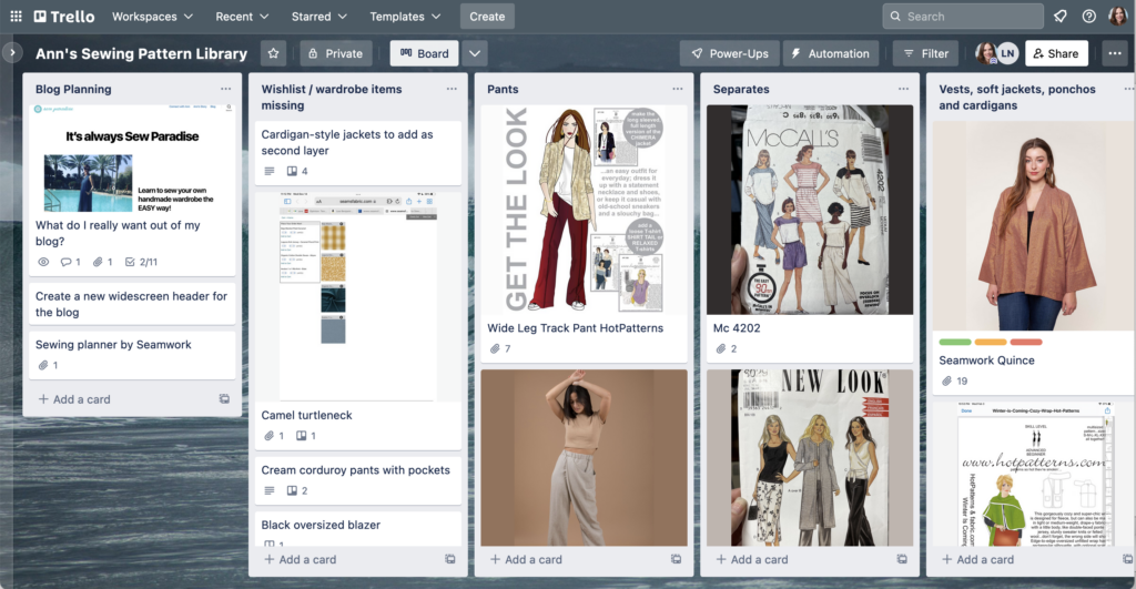 Trello board example of sewing pattern organization using Trello